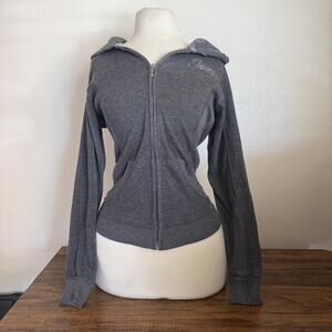 Guess Women's Gray Zip-Up Hoodie with Rhinestone Logo WORN